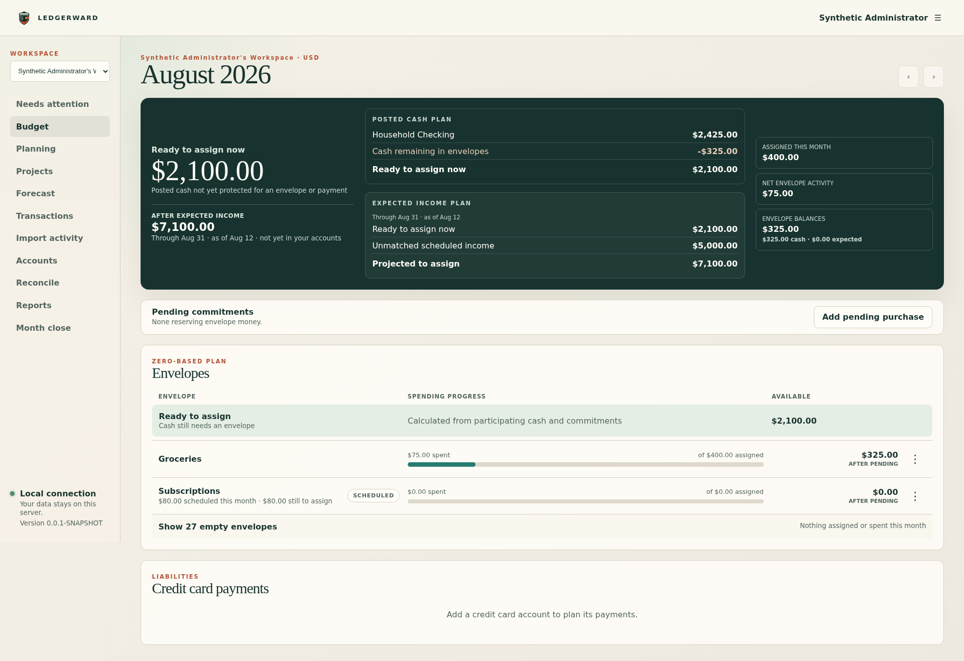 Ledgerward's Budget page showing August 2025 envelope groups, funded amounts, activity, and available balances
